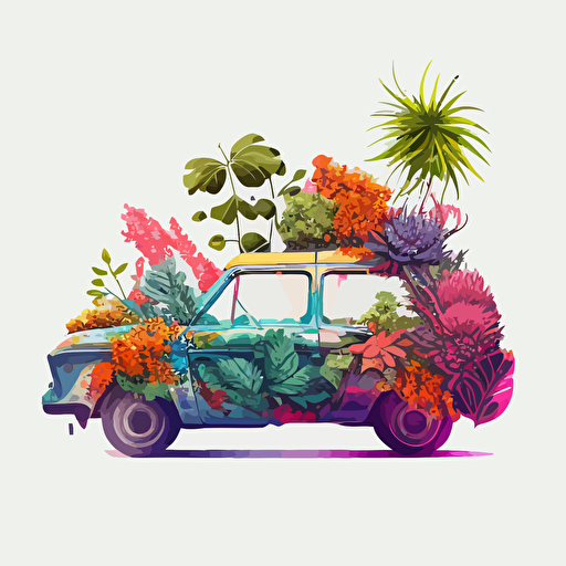 a picture of the side of a car which is stuffed with colorful houseplants which are coming out of top and sides, vector drawing, highly detailed on a white background