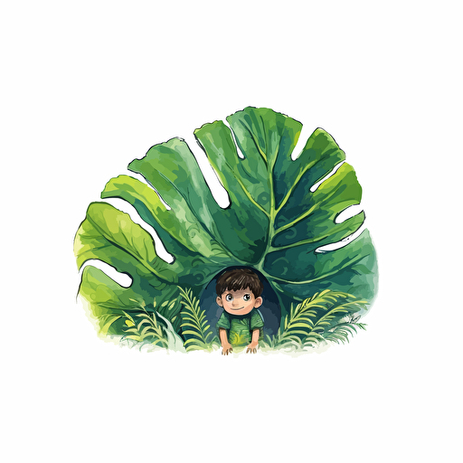 vector logo design, childs drawing, kid hiding on a big green leaf, cute drawing, Quentin Blake style