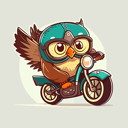 happy owl delivers on a motorcycle, flat style, picture, cartoon, vector