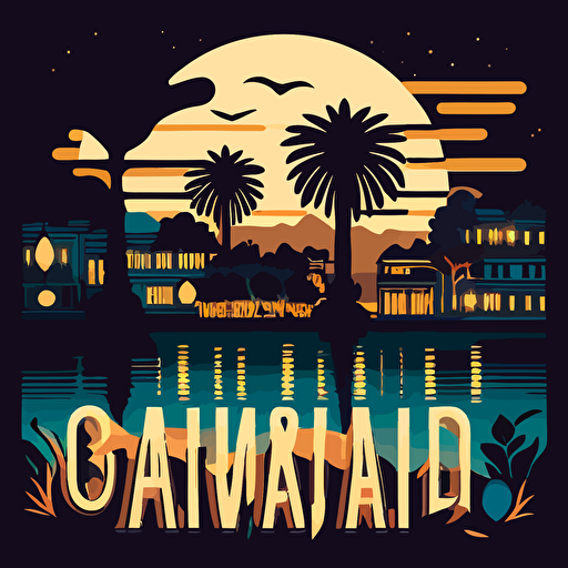 vector image, illustration, nighttime lake in Oakland California , in the style of text and emoji installations, the san francisco renaissance., stockphoto, iconic civil rights imagery, spot metering, glowing lights, vancouver school