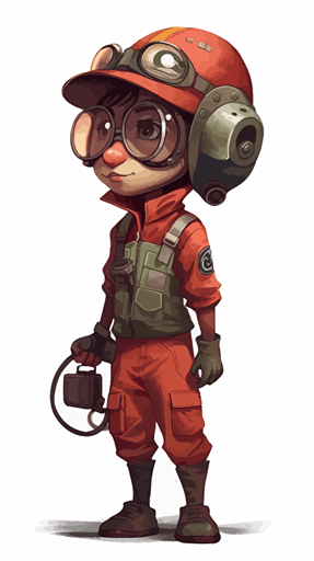 character half body of a female kobold inventor with red skin, overalls and welding helmet, in vector art style