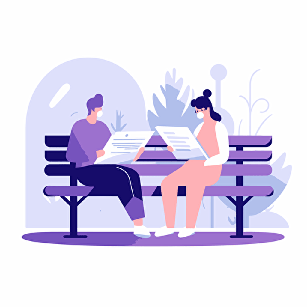 two people sitting on a bench each reading a book. Artsy flat vector illustration, light purples, white background