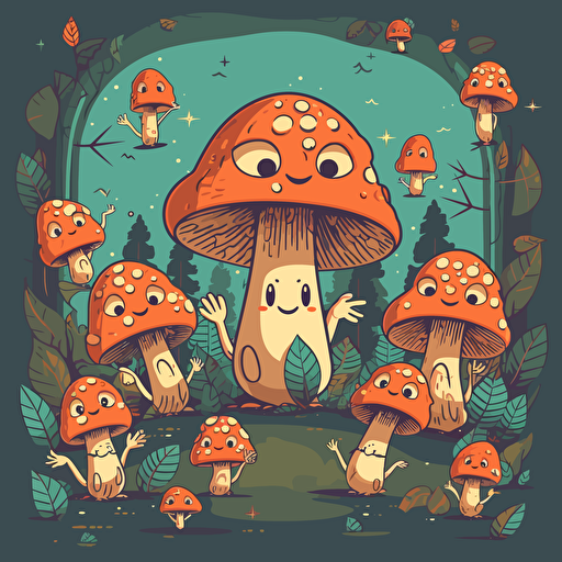 a trippy vector illustration of cute happy trippy mushrooms making a ritual and dancing in the forest