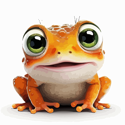 A baby fur colorfull frog, smiling, orange eyes, white background, vector art , pixar style