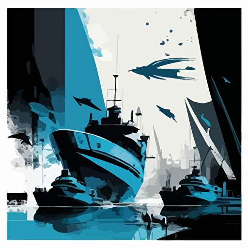 Small, futuristic vessels departing from the port, Blue Black and white, Vector and oil paint poster art,
