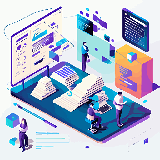 vector isometric illustration, bright gradient palette blue deep purple and gold, Annotation is a time-consuming effort, and most platforms only keep the final outputs (polygons, class labels, etc.) our software reclaims this time spent annotating by treating user interactions as explanations for future AI training. Humans learn by seeing the whole process, not just the final product. Why not start teaching algorithms the same way? The software should identify where the user's attention is focused on a given image and generate corresponding statistics.