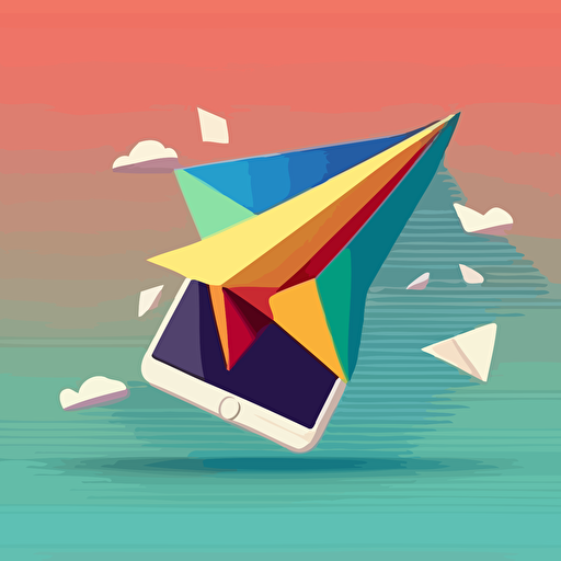 email arriving in inbox on phone, illustration, paper airplane flying around, vector, primary color