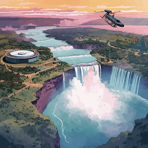 an areal illustration, vector of Niagara Falls as seen from a helicopter, aspect ration 16:9, sharp, colorful, summer, vibrant, mist, artistic v 5.1