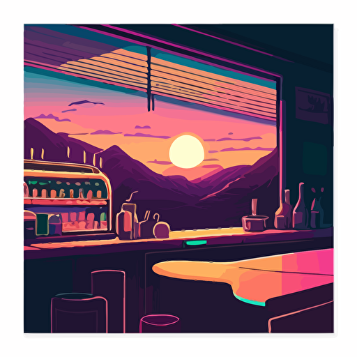 a bar retro, flat landscape, digital art, vector, long shadow, 45 degree point of view, by Grant Riven Yun , synthwave colors