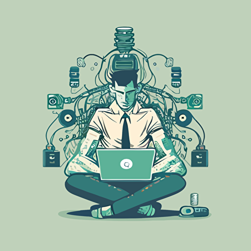 basic vector illustration of IT support meditade and levitade, tech tool around him.