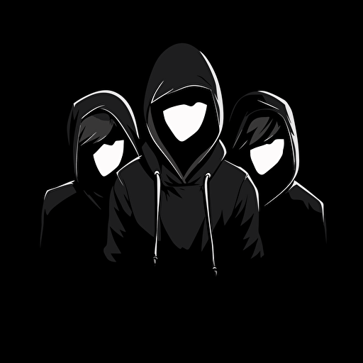 logo, a family 3 people with hoodies , face in the dark, from mid chest, vector style, flat 2d, black and white