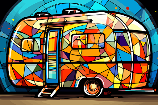 2d illustration, stained glass trailer simple vector colorful sticker