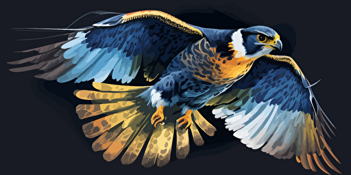 flying falcon, front view, looking into camera, moving towards, wingspan, blue and yellow colors, hand draw vector style