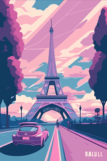 flat vector art illustration | travel poster featuring | Eiffel Tower Paris | Pastel Blues, Pinks, Purples | Wide Angle