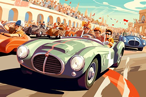 modern poster cartoon style, 1950's racing event, speed, flags, hot wheels loops, spectators, summer, vector art, light colours,