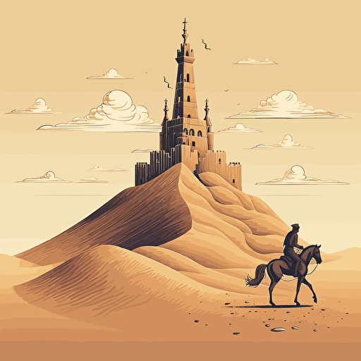 A knight, riding a tall horse, galloping in the desert, behind a sand castle made of sand, infinite compression, in the style of surrealism influence, ahmed morsi, precision influence, dynamic balance, vectorialism influence