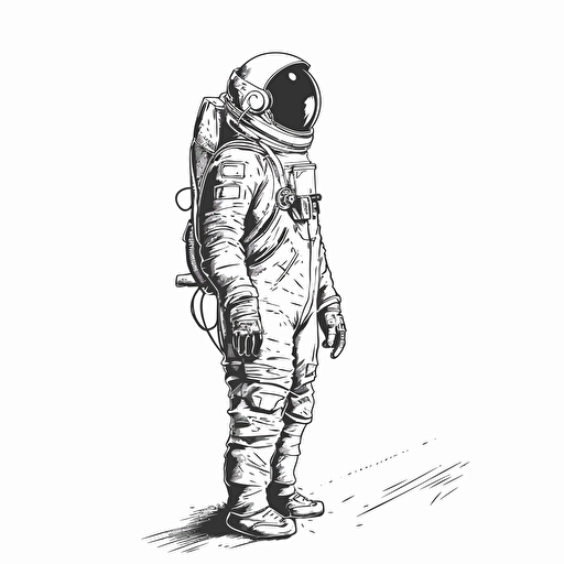 vector image of an astronaut standing looking up, black, white background, minimalist, vector, illustrator, simple, clean, small