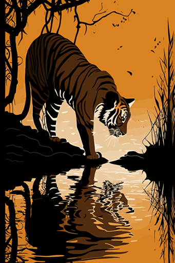 tiger drinking from a river, one color painting, vector art, simplistic, minimalistic, nature backround,