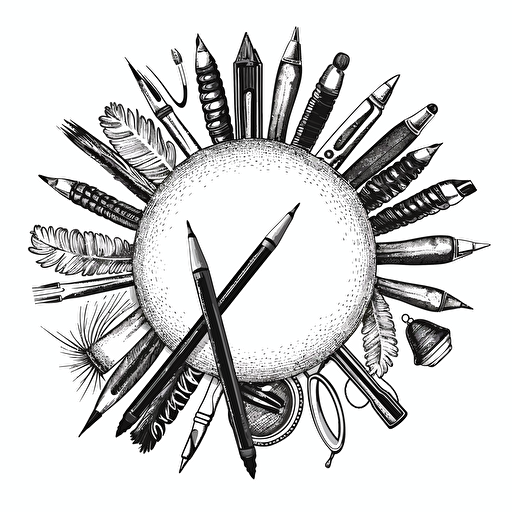 a black and white clipart of pencils and brushes, inscribed ina circle, vector, on white background