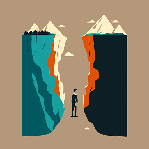 2D vector illustration, one businessman is holding the gap between two mountain cliffs. Simple colors, bright, size is 1600x1200px