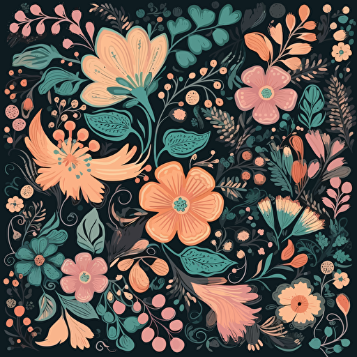a floral pattern on black background, 2d vector, pastel colors