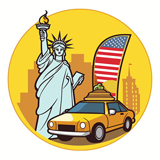 New York City: A cartoon Statue of Liberty holding a slice of pizza and a cup of coffee, with a yellow taxi in the background, sticker, vector art.