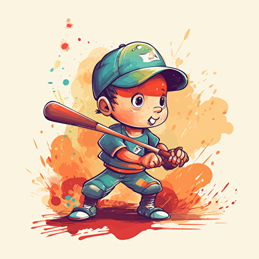 Vector illustration of a little boy baseball player hitting a baseball in vivid colors