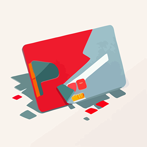 credit card with a bitemark in it, vector flat, isometric, minimalist, red, simple