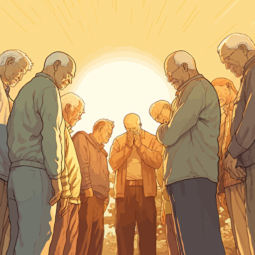 WIDE ANGLE shot. A warm sunny summer day nearing sunset as background, Vector art, softly colored. a small group of elderly modern day Christians have gathered casually to pray, They are huddled together praying with heads bowed and holding each other's hands facing the horizon as an angel spirit hovers above them, one of the guys has a bald head.