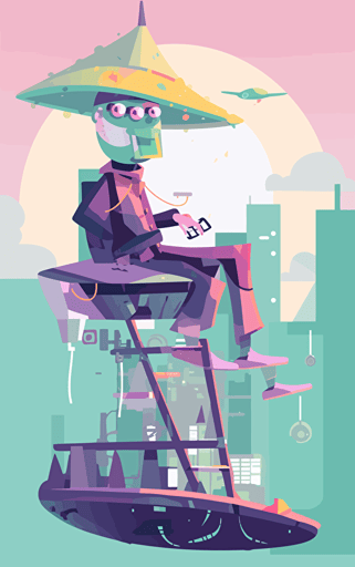 whimsical flat vector illustration of a cyberpunk alien sitting on the roof of a broken down space-vehicle, pastel colour