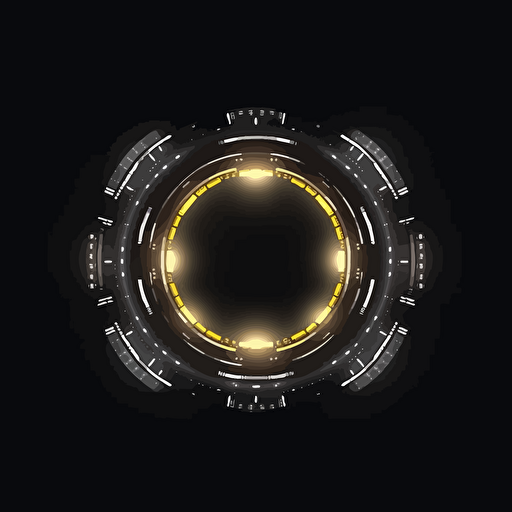minimalist ring shaped spaceship on black background, 2d vector, gray tones with yellow lights