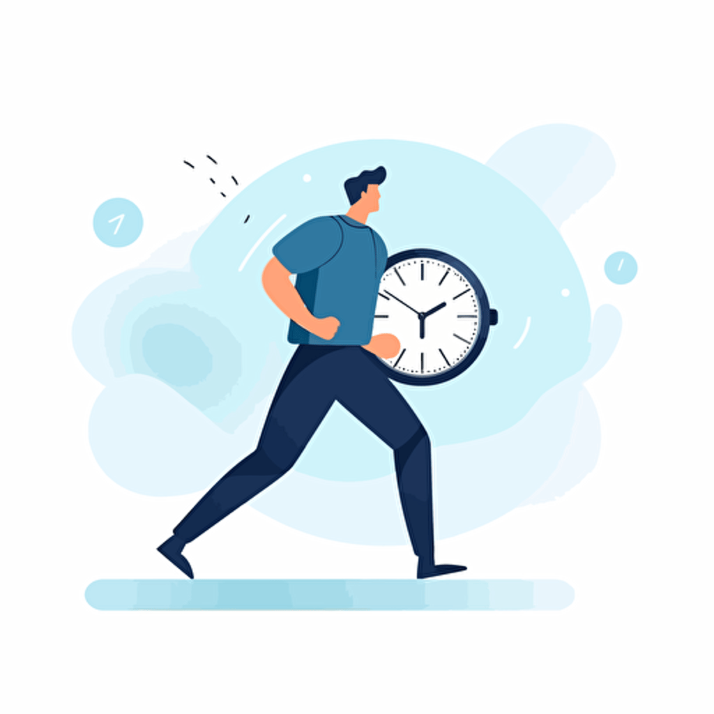 vector illustration man running checking his watch for the time, white background, minimalist