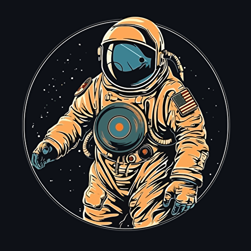 an astronaut holding a big vinyl, 2d vector on black background