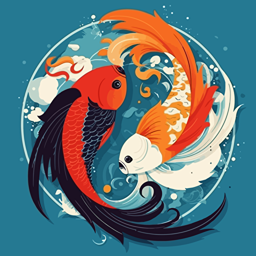 yin yang with fish and bird, fantasy, vector design, minimalistic, vibrant colors,
