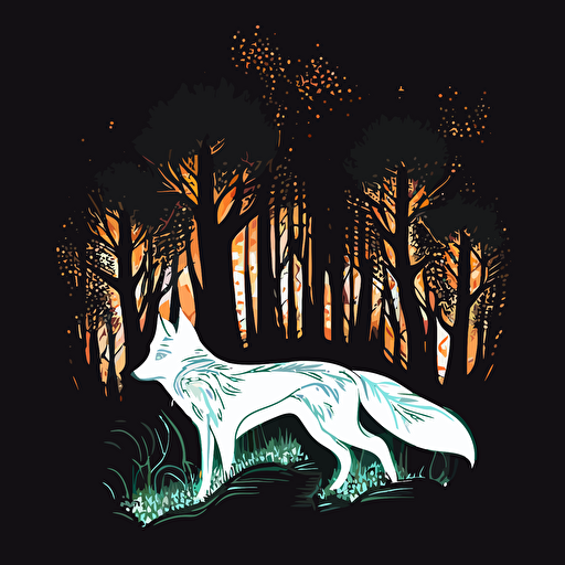 incredible looking kitsune in asain forest at night, vector logo, vector art, emblem, simple cartoon, 2d, no text, white background