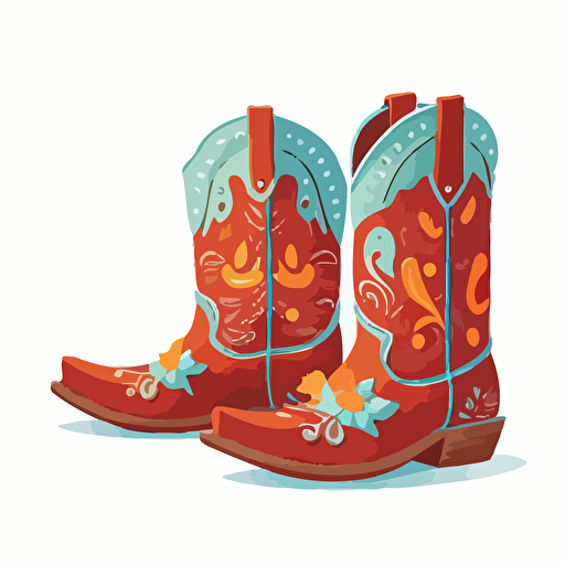 bright colored cute cowgirl boots in cartoon style drawing on a white background flat vector drawing