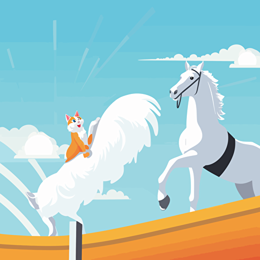 An cat that American Shorthair with orange stripes on a white background and a horse that sky-blue furred with white skin climbing in artificial climbing wall, bright sunny day, cheering crowd below, Vector illustration with a clean, modern style, created using Adobe Illustrator, 1:1 ratio,