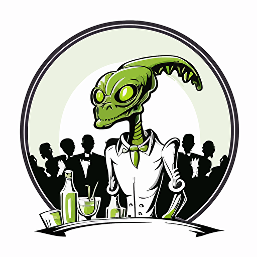 alien at a frat party, vector logo, vector art, emblem, simple cartoon, 2d, no text, white background