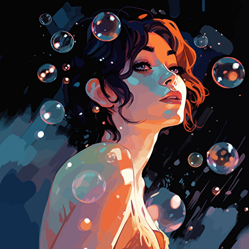 desinge, vector, floating bubbles, fireflys, in the style of becky cloonan, john watkiss