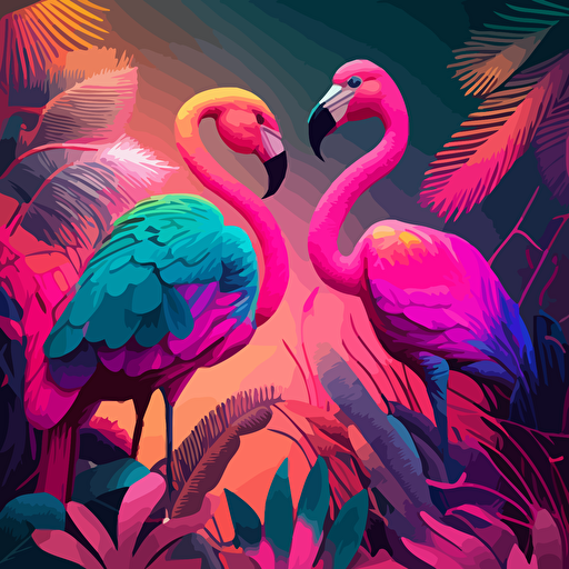 frontpage vector illustration::two different species of birds talking to each other::toucan and flamingo::colorful, vaporwave colors