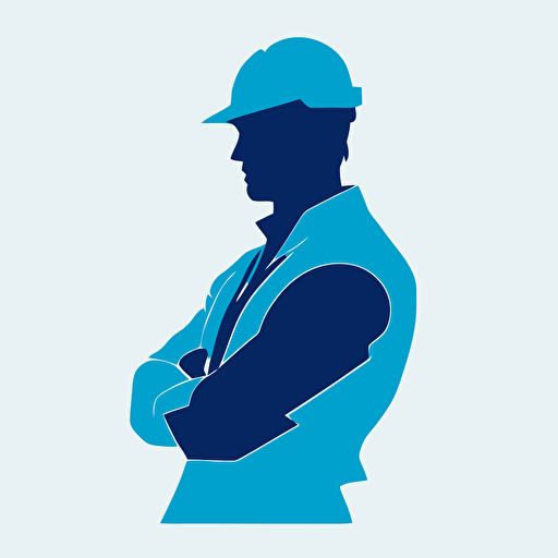 silhoette of professional tradesman, arms crossed, blue color, white background, simple design, vector style