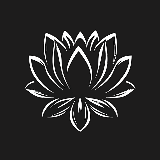 simple iconic logo of a lotus flower, white vector on black background