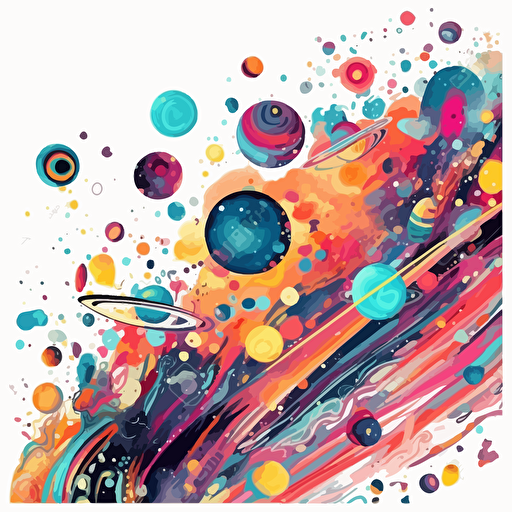 galaxies, stars, randomly distributed whimsical vector digital painting, white background