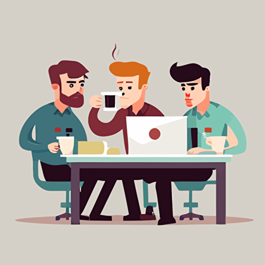 software company flat vector, 3 people pointing at notebook, drinking coffee, in the style of behance