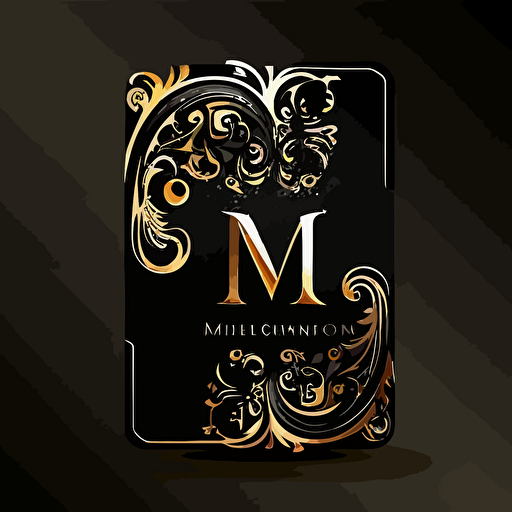 business card logo with ghotic letter M, black background, dark ornamental style, vector, ultra definition