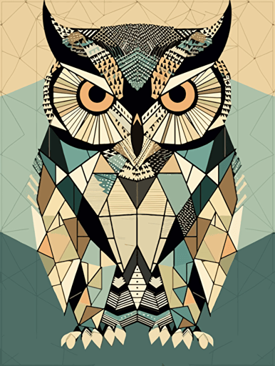 geometric owl, colors: mint, beige, black, mustard, blue, printable vector,