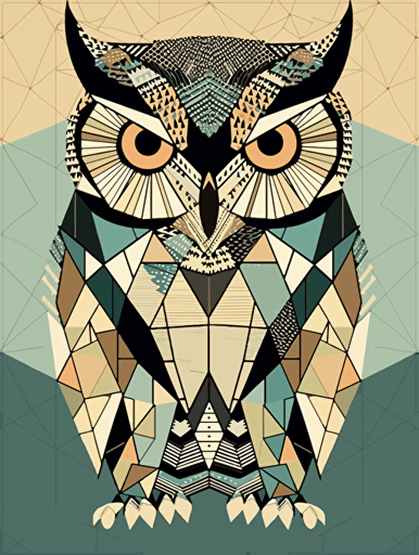 geometric owl, colors: mint, beige, black, mustard, blue, printable vector,