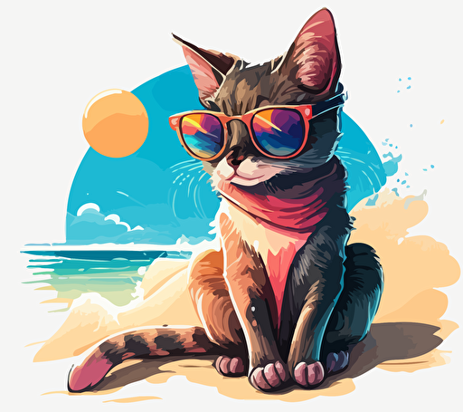a disney style vector illustration of a cute cat wearing sunglasses, chilling at the beach, summer holiday
