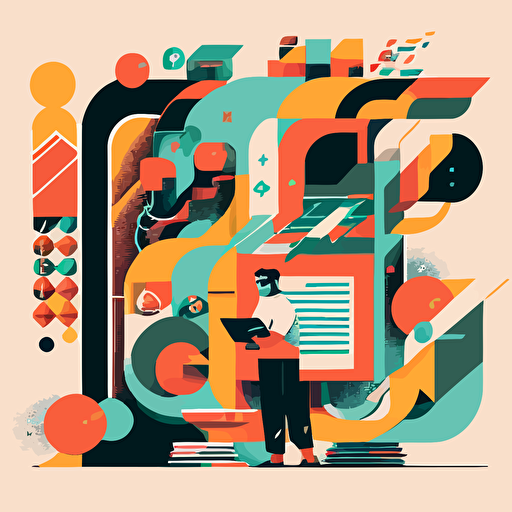 Editorial illustration, collage, flat colors, abstract vector shapes, cover for a technical blog post about software development
