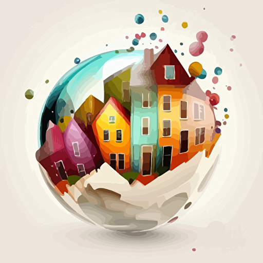 Several exploding transparent balls with a small town inside. Vector styling. Very colored. White background